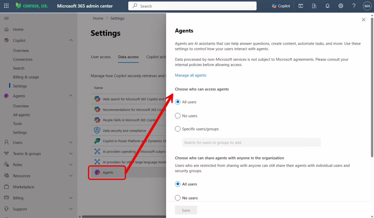 Microsoft 365 admin center setting showing how to enable agent access for users