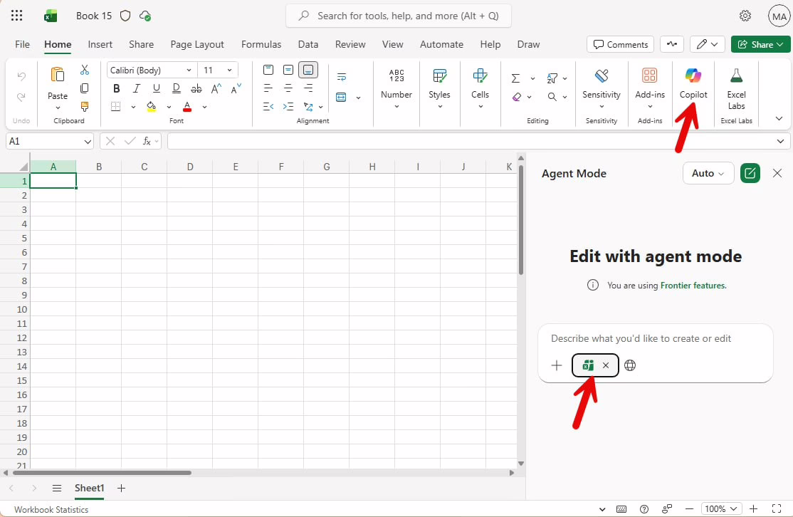 Excel desktop Copilot pane with Agent Mode enabled